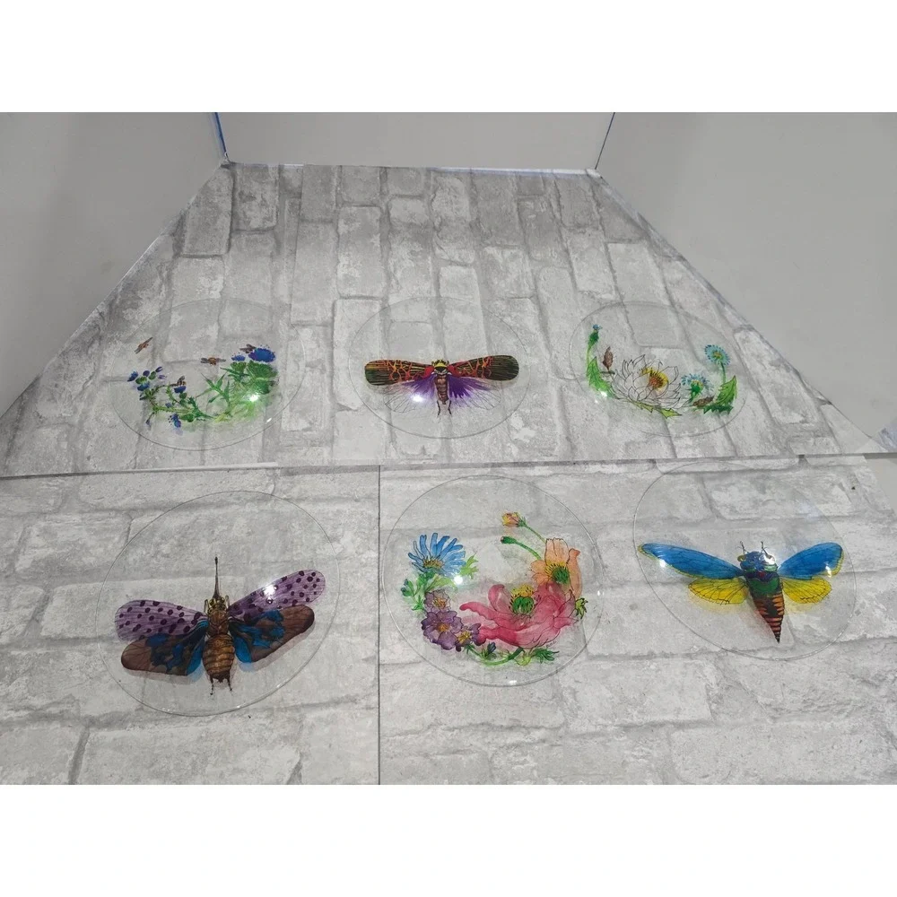 Hand painted‎ Signed Glass Salad Dessert Plates Reverse Floral Entomologist